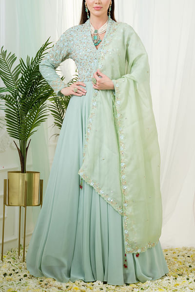 Mint green hand embroidered anarkali gown set