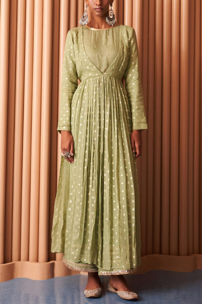 Mint green metallic detail anarkali set