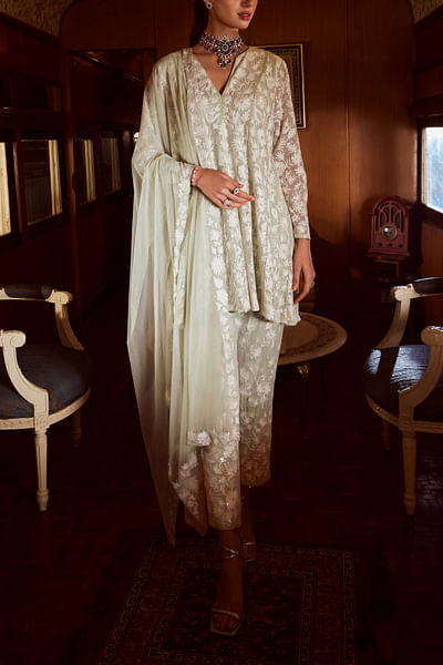 Mint green thread and sequin embroidery kurta set