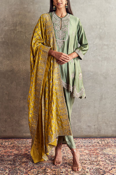 Mint green zardozi embroidery short kurta set