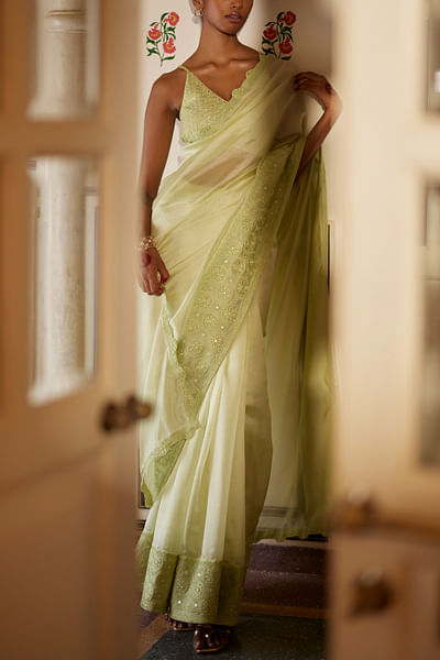 Mint leather and resham embroidery saree set