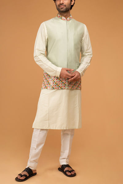Mint mirror work Nehru jacket and kurta set