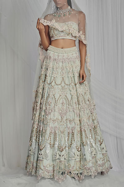 Mint pearl embroidered tulle lehenga set