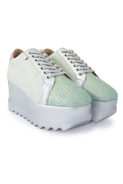 Mint sequinned brocade wedge sneakers