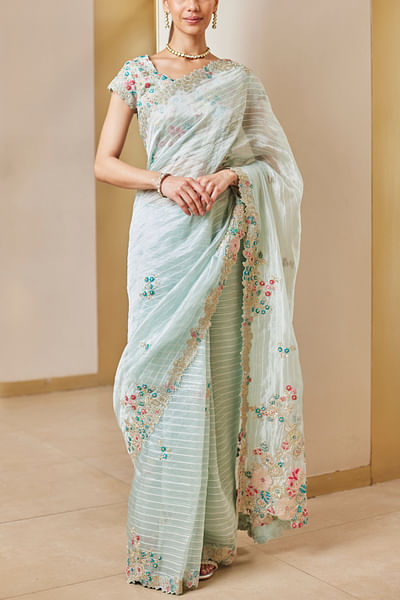 Mint thread and sequin embroidered sari set