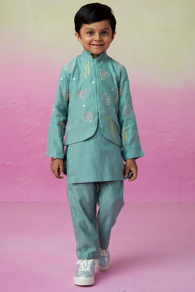 Mint thread embroidered jacket kurta set