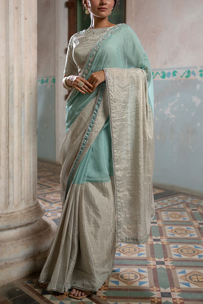 Mint zardozi embroidered tissue sari set
