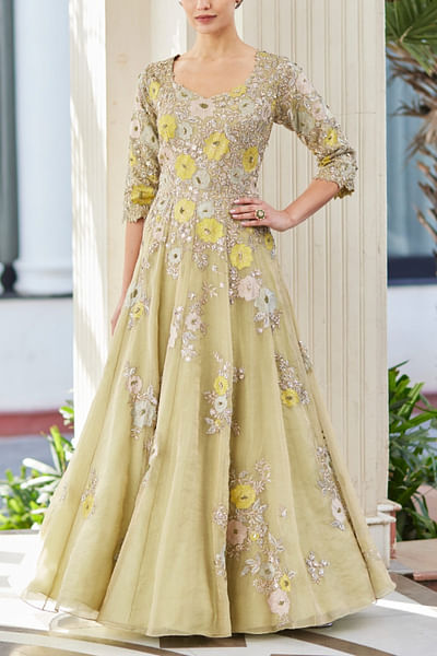 Mist green floral embroidered gown