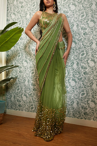 Moss green 3D detail pre-stitched saree set
