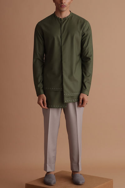 Moss green asymmetric short kurta set