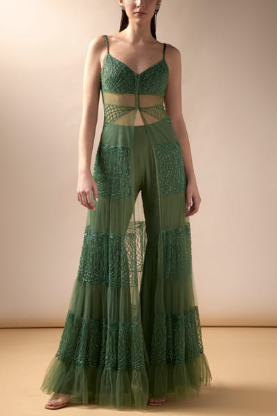 Moss green cutdana embellished tiered jacket set