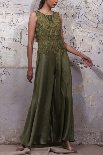 Moss green embroidered jumpsuit