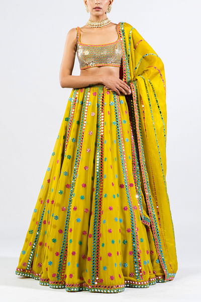 Moss green floral and mirror detailed lehenga set