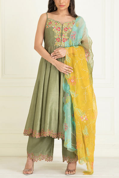 Moss green floral embroidery anarkali set