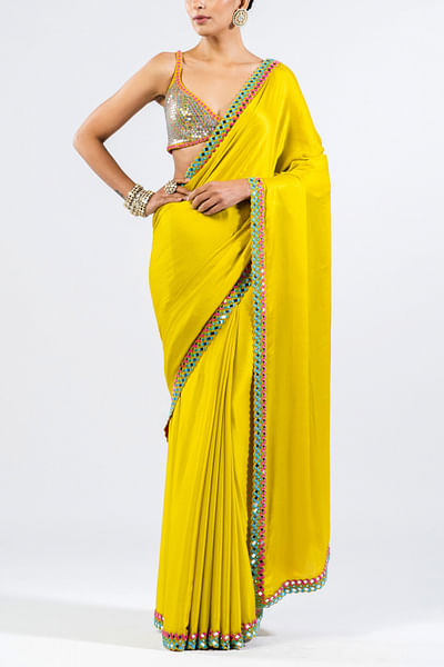 Moss green mirror detailing chiffon sari set