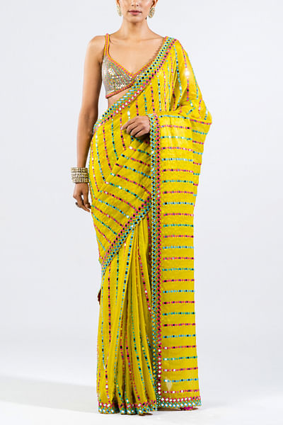 Moss green mirror embellished pre-draped sari set