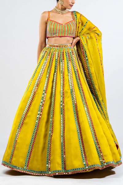 Moss green mirror embroidered lehenga set