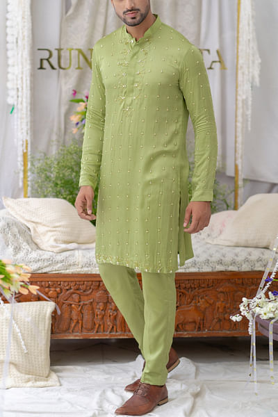Moss green motif pearl embroidery kurta set