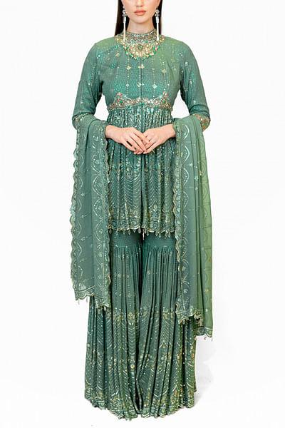 Moss green sequin and stone embellished gharara set