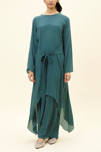Motif print front tie-up tunic set