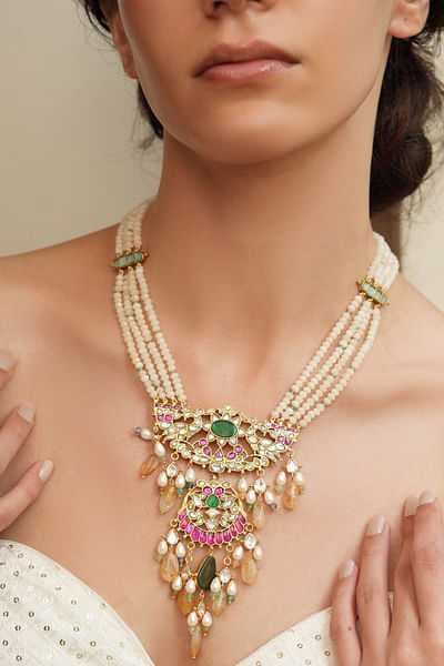 Multi-jeweled cream bead layered necklace