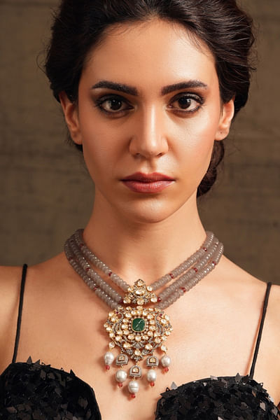 Multi-jeweled grey beaded necklace