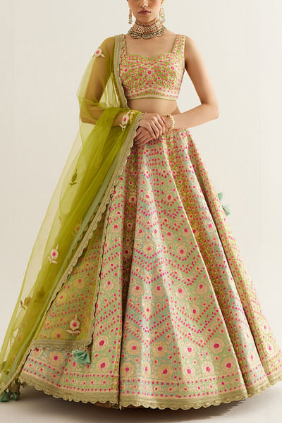Multi green floral embroidery lehenga set