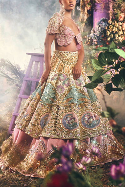 Multicolor 3D embellished layered lehenga set