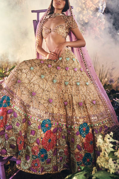 Multicolor heart and floral appliqued lehenga set
