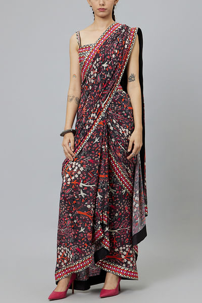 Multicolor jungle print draped saree set