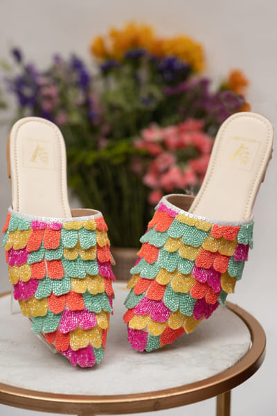 Multicolour 3D cutdana embellished mules