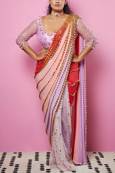 Multicolour 3D detailed pre-stitched saree set