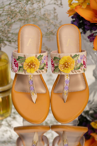 Multicolour 3D floral embroidery kolhapuri flats