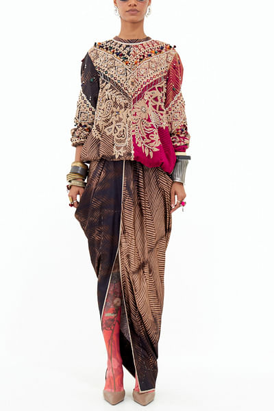Multicolour aari embroidered sweatshirt and drape skirt