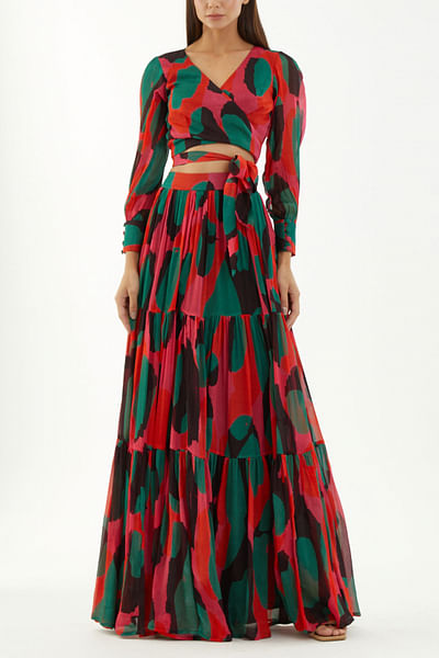 Multicolour abstract print layered skirt