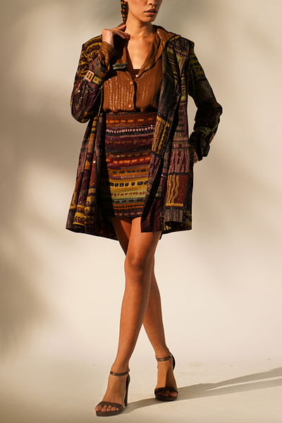 Multicolour abstract printed trench coat