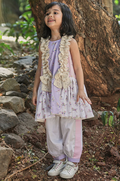 Multicolour animal print tiered kurta set