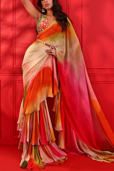 Multicolour artsy print frilled saree set
