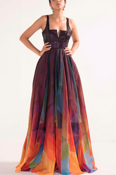 Multicolour artsy print gown