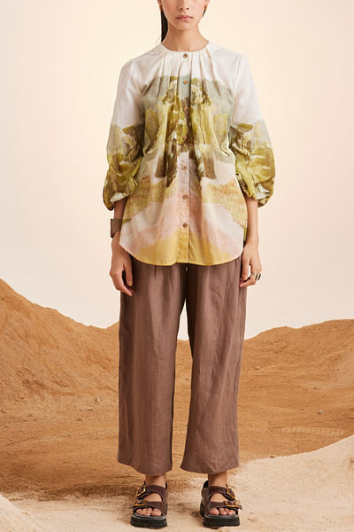 Multicolour artsy print pleated shirt