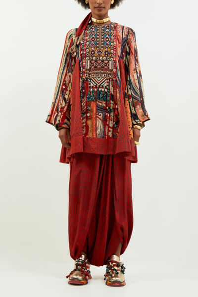 Multicolour artsy print tunic and draped pants