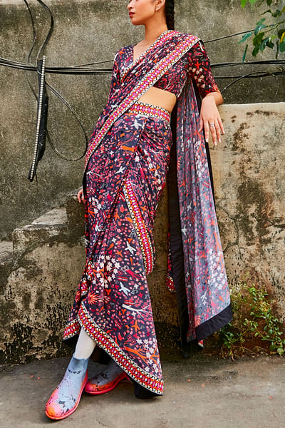 Multicolour artsy printed sari set