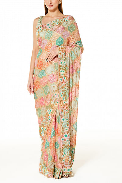 Multicolour bandhani embellished sari set