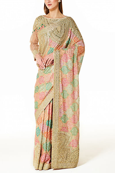 Multicolour bandhani embellished sari set