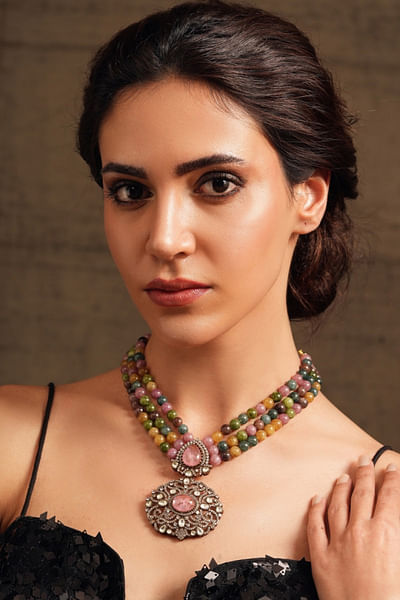 Multicolour beaded polki pendant necklace