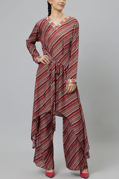 Multicolour bohemian stripe print tunic set