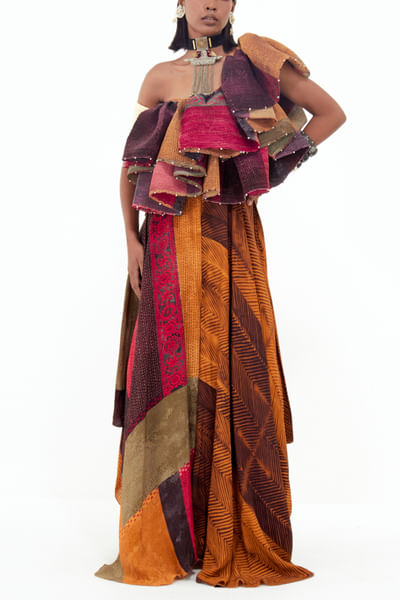 Multicolour boho print ruffle top and skirt