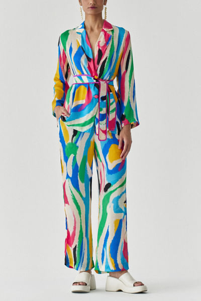 Multicolour brushstroke print blazer set