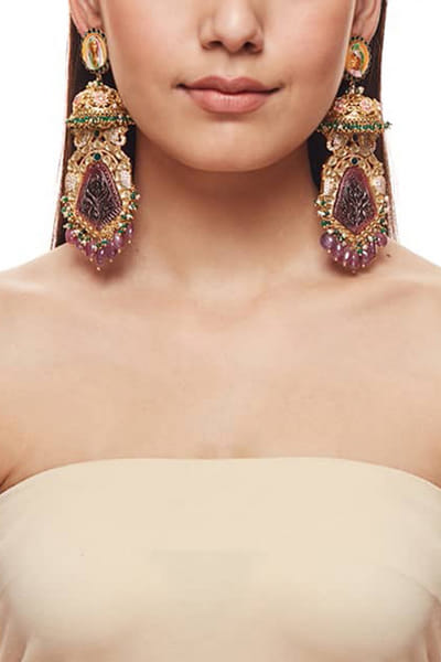 Multicolour carved stone jhumkas