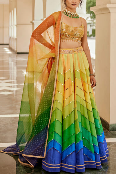 Cedar & Pine Multicolour chevron mirror detail lehenga set CNPJAN2402